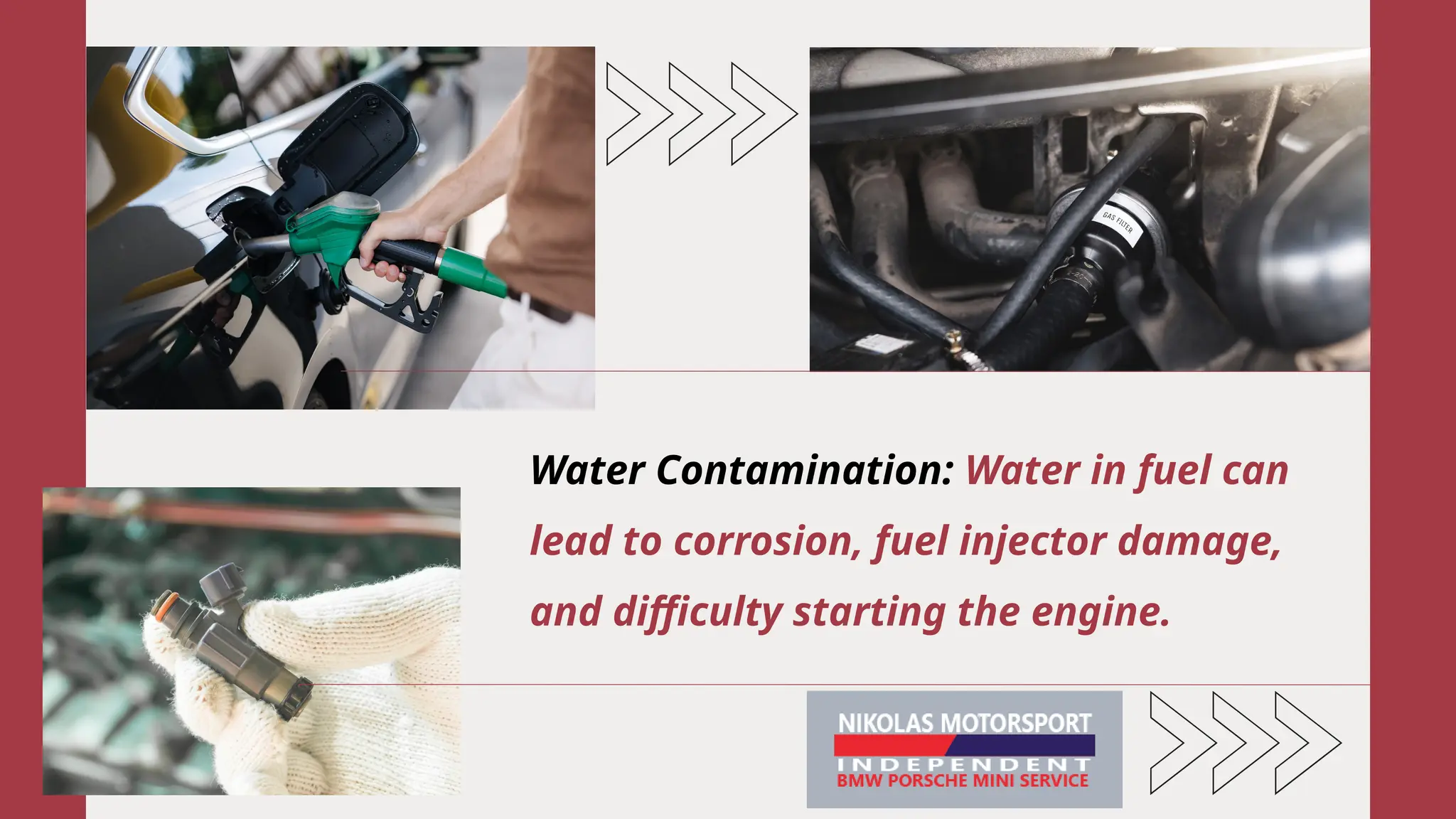 Water Contamination: Water in fuel can
lead to corrosion, fuel injector damage,
and difficulty starting the engine.
 