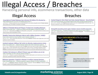 August 2020 / Page 30marketing.scienceconsulting group, inc.
linkedin.com/in/augustinefou
Illegal Access / Breaches
Harvesting personal info, ecommerce transactions, other data
BreachesIllegal Access
https://www.csoonline.com/article/2130
877/data-breach/the-biggest-data-
breaches-of-the-21st-century.html
 