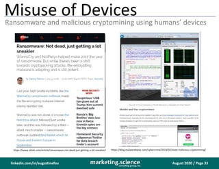 August 2020 / Page 33marketing.scienceconsulting group, inc.
linkedin.com/in/augustinefou
Misuse of Devices
Ransomware and malicious cryptomining using humans’ devices
https://blog.malwarebytes.com/cybercrime/2018/02/state-malicious-cryptomining/https://www.zdnet.com/article/ransomware-not-dead-just-getting-a-lot-sneakier/
 