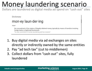 August 2020 / Page 39marketing.scienceconsulting group, inc.
linkedin.com/in/augustinefou
Money laundering scenario
Dollars are laundered as digital media ad spend on “cash out” sites
1. Buy digital media via ad exchanges on sites
directly or indirectly owned by the same entities
2. Pay “ad tech tax” (cut to middlemen)
3. Collect dollars from “cash out” sites, fully
laundered
 