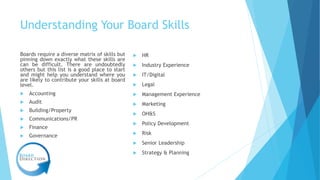 Understanding Your Board Skills
Boards require a diverse matrix of skills but
pinning down exactly what these skills are
c...