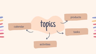 topics
calendar
activities
tasks
products
 