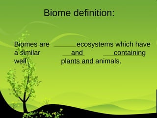 Biomes are  ecosystems which have a similar  and  containing well  plants and animals. Biome definition: 