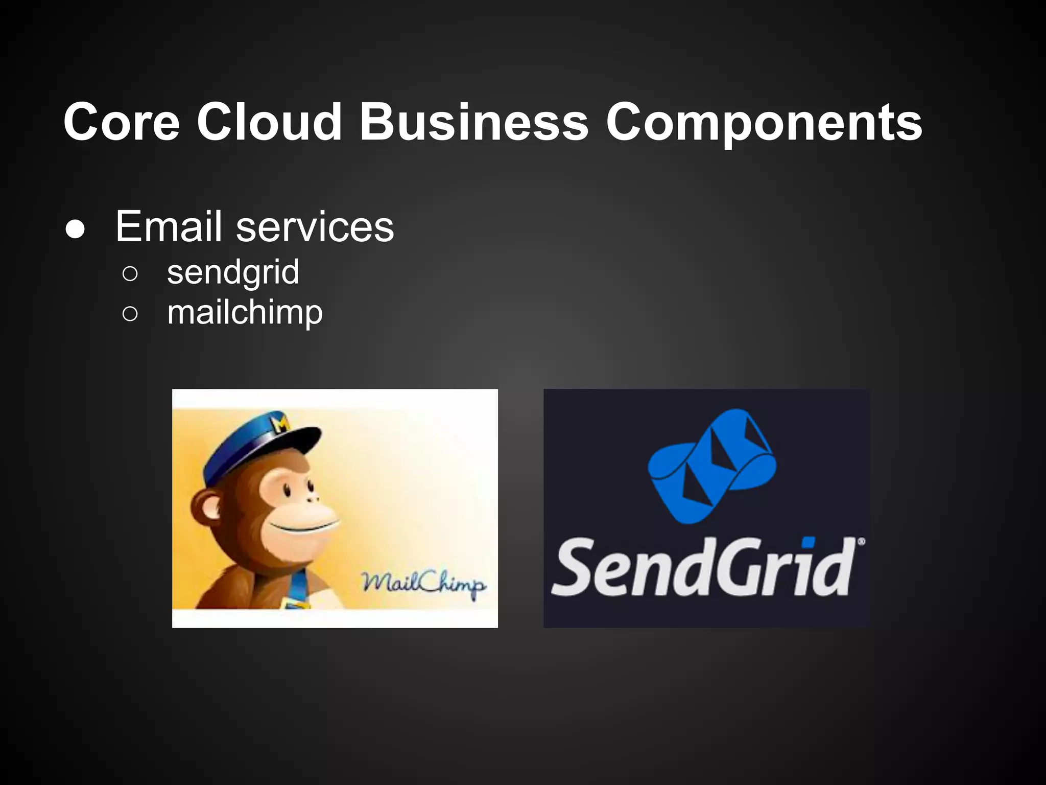 Core Cloud Business Components
● Email services
○ sendgrid
○ mailchimp
 