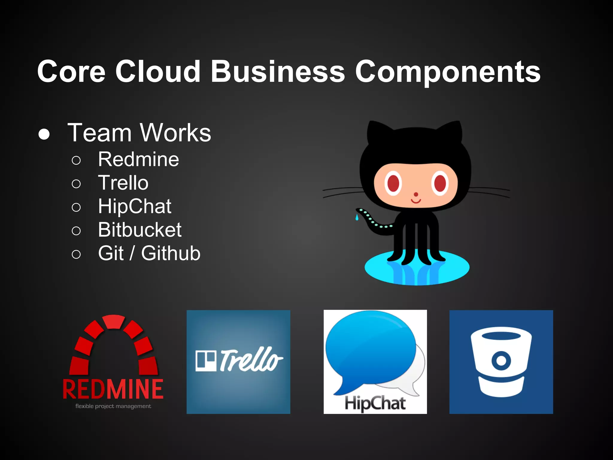 Core Cloud Business Components
● Team Works
○ Redmine
○ Trello
○ HipChat
○ Bitbucket
○ Git / Github
 