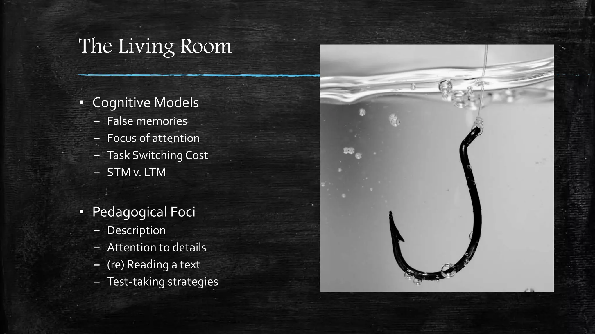 The Living Room
▪ Cognitive Models
– False memories
– Focus of attention
– Task SwitchingCost
– STM v. LTM
▪ Pedagogical Foci
– Description
– Attention to details
– (re) Reading a text
– Test-taking strategies
 