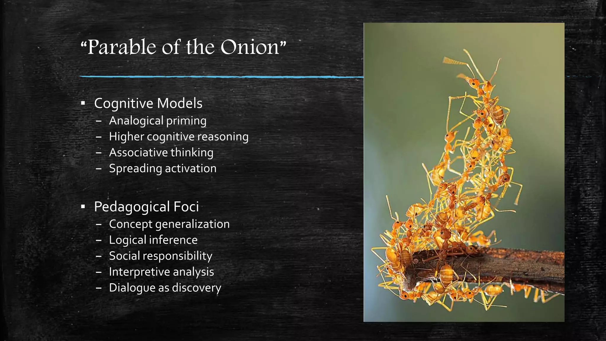 “Parable of the Onion”
▪ Cognitive Models
– Analogical priming
– Higher cognitive reasoning
– Associative thinking
– Spreading activation
▪ Pedagogical Foci
– Concept generalization
– Logical inference
– Social responsibility
– Interpretive analysis
– Dialogue as discovery
 