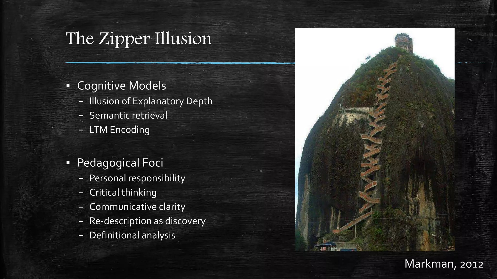 The Zipper Illusion
▪ Cognitive Models
– Illusion of Explanatory Depth
– Semantic retrieval
– LTM Encoding
▪ Pedagogical Foci
– Personal responsibility
– Critical thinking
– Communicative clarity
– Re-description as discovery
– Definitional analysis
Markman, 2012
 