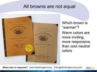 All browns are not equal
• Which brown is
―warmer‖?
• Warm colors are
more inviting,
more responsive,
than cool neutral
colors

What color is response? Carol Worthington-Levy CWL@Worthington-Levy.com

 