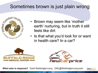 Sometimes brown is just plain wrong
• Brown may seem like ‗mother
earth‘ nurturing, but in truth it still
feels like dirt
• Is that what you‘d look for or want
in health care? In a car?

What color is response? Carol Worthington-Levy CWL@Worthington-Levy.com

 