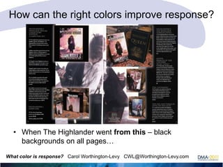 How can the right colors improve response?

• When The Highlander went from this – black
backgrounds on all pages…
What color is response? Carol Worthington-Levy CWL@Worthington-Levy.com

 