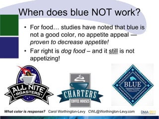 When does blue NOT work?
• For food… studies have noted that blue is
not a good color, no appetite appeal —
proven to decrease appetite!
• Far right is dog food – and it still is not
appetizing!

What color is response? Carol Worthington-Levy CWL@Worthington-Levy.com

 