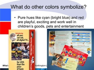What do other colors symbolize?
• Pure hues like cyan (bright blue) and red
are playful, exciting and work well in
children‘s goods, pets and entertainment

What color is response? Carol Worthington-Levy CWL@Worthington-Levy.com

 