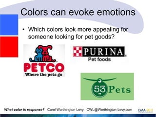 Colors can evoke emotions
• Which colors look more appealing for
someone looking for pet goods?

What color is response? Carol Worthington-Levy CWL@Worthington-Levy.com

 