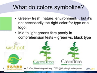 What do colors symbolize?
• Green= fresh, nature, environment… but it‘s
not necessarily the right color for type or a
logo!
• Mid to light greens fare poorly in
comprehension tests – green vs. black type

What color is response? Carol Worthington-Levy CWL@Worthington-Levy.com

 