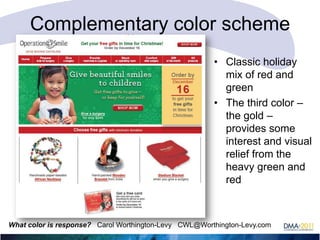 Complementary color scheme
• Classic holiday
mix of red and
green
• The third color –
the gold –
provides some
interest and visual
relief from the
heavy green and
red

What color is response? Carol Worthington-Levy CWL@Worthington-Levy.com

 