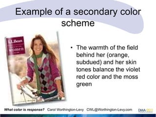Example of a secondary color
scheme
• The warmth of the field
behind her (orange,
subdued) and her skin
tones balance the violet
red color and the moss
green

What color is response? Carol Worthington-Levy CWL@Worthington-Levy.com

 