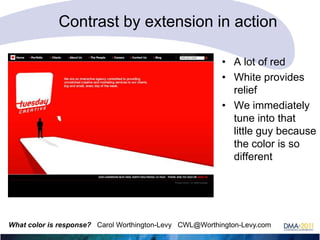 Contrast by extension in action
• A lot of red
• White provides
relief
• We immediately
tune into that
little guy because
the color is so
different

What color is response? Carol Worthington-Levy CWL@Worthington-Levy.com

 