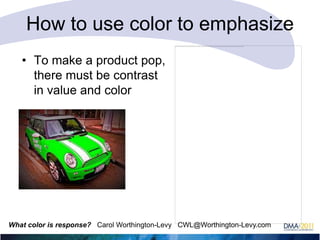 How to use color to emphasize
• To make a product pop,
there must be contrast
in value and color

What color is response? Carol Worthington-Levy CWL@Worthington-Levy.com

 
