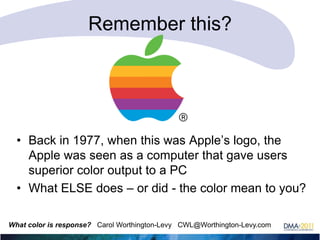 Remember this?

• Back in 1977, when this was Apple‘s logo, the
Apple was seen as a computer that gave users
superior color output to a PC
• What ELSE does – or did - the color mean to you?
What color is response? Carol Worthington-Levy CWL@Worthington-Levy.com

 