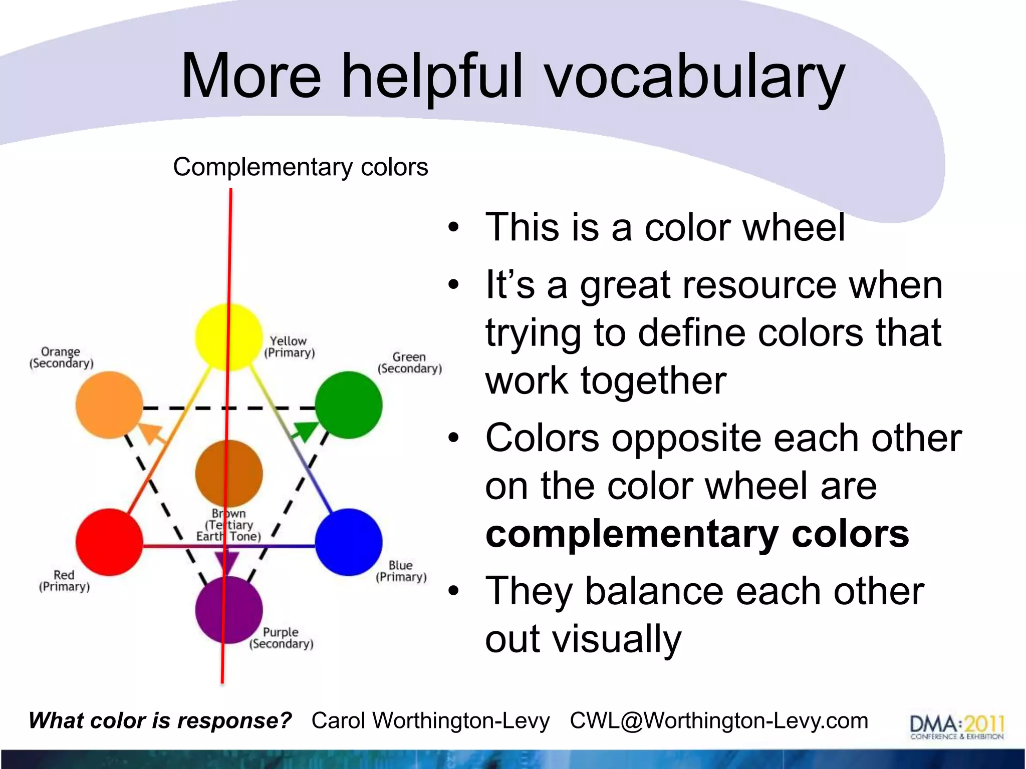 How do you know which colors to choose?We’ve just seen examples of colors that work and don’t workLet’s learn more about why they don’t workAnd let’s discuss colors that work well together – or notAfter that we’ll go over which colors work best for messaging