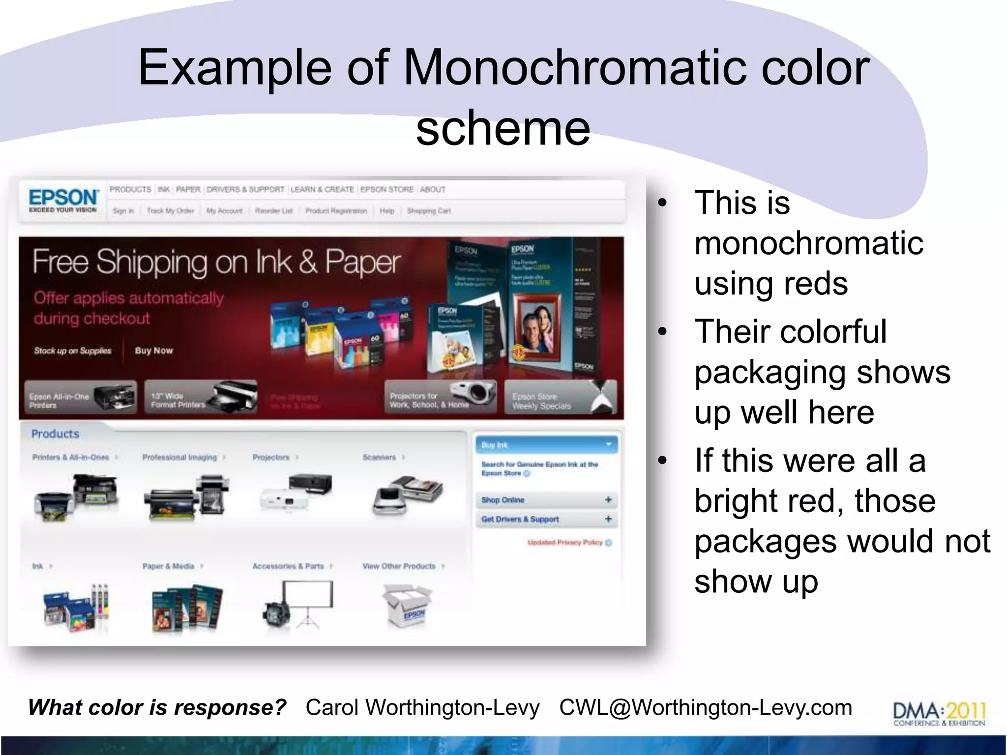 Example of Monochromatic color schemeMany versions of the same basic blueDo you think this works to show off the printer and samples? If not, why?
