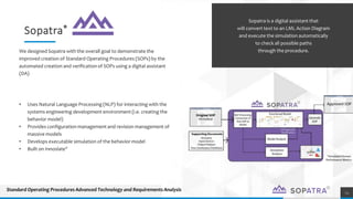 Sopatra®
14
We designed Sopatra with the overall goal to demonstrate the
improved creation of Standard Operating Procedures (SOPs) by the
automated creation and verification of SOPs using a digital assistant
(DA)
• Uses Natural Language Processing (NLP) for interacting with the
systems engineering development environment (i.e. creating the
behavior model)
• Provides configuration management and revision management of
massive models
• Develops executable simulation of the behavior model
• Built on Innoslate®
Sopatra is a digital assistant that
will convert text to an LML Action Diagram
and execute the simulation automatically
to check all possible paths
through the procedure.
Standard Operating Procedures Advanced Technology and Requirements Analysis
 