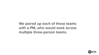 We paired up each of these teams
with a PM, who would work across
multiple three-person teams.
 