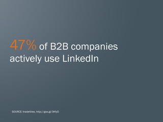 47% of B2B companies
actively use LinkedIn




SOURCE: InsideView, http://goo.gl/3KfyD
 