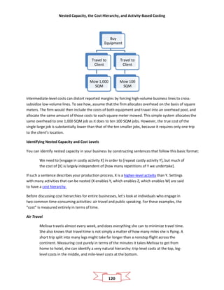 Nested Capacity, the Cost Hierarchy, and Activity-Based Costing
120
Intermediate-level costs can distort reported margins by forcing high-volume business lines to cross-
subsidize low-volume lines. To see how, assume that the firm allocates overhead on the basis of square
meters. The firm would then include the costs of both equipment and travel into an overhead pool, and
allocate the same amount of those costs to each square meter mowed. This simple system allocates the
same overhead to one 1,000 SQM job as it does to ten 100 SQM jobs. However, the true cost of the
single large job is substantially lower than that of the ten smaller jobs, because it requires only one trip
to the client’s location.
Identifying Nested Capacity and Cost Levels
You can identify nested capacity in your business by constructing sentences that follow this basic format:
We need to [engage in costly activity X] in order to [repeat costly activity Y], but much of
the cost of [X] is largely independent of [how many repetitions of Y we undertake].
If such a sentence describes your production process, X is a higher-level activity than Y. Settings
with many activities that can be nested (X enables Y, which enables Z, which enables W) are said
to have a cost hierarchy.
Before discussing cost hierarchies for entire businesses, let’s look at individuals who engage in
two common time-consuming activities: air travel and public speaking. For these examples, the
“cost” is measured entirely in terms of time.
Air Travel
Melissa travels almost every week, and does everything she can to minimize travel time.
She also knows that travel time is not simply a matter of how many miles she is flying. A
short trip split into many legs might take far longer than a nonstop flight across the
continent. Measuring cost purely in terms of the minutes it takes Melissa to get from
home to hotel, she can identify a very natural hierarchy: trip-level costs at the top, leg-
level costs in the middle, and mile-level costs at the bottom.
Buy
Equipment
Travel to
Client
Mow 1,000
SQM
Travel to
Client
Mow 100
SQM
 