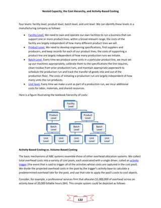 Nested Capacity, the Cost Hierarchy, and Activity-Based Costing
122
four levels: facility level, product level, batch level, and unit level. We can identify these levels in a
manufacturing company as follows:
• Facility Level. We need to own and operate our own facilities to run a business that can
support one or more product lines; within a broad relevant range, the costs of the
facility are largely independent of how many different product lines we sell.
• Product Level. We need to develop engineering specifications, find suppliers and
producers, and keep records for each of our product lines; the costs of supporting a
product line are largely independent of how many production runs we initiate.
• Batch Level. Every time we produce some units in a particular product line, we must set
up our machines appropriately, calibrate them to the specifications the line requires,
clean residue from prior production runs, and maintain appropriate paperwork to
schedule the production run and track the transfer of goods into and out of the
production floor. The costs of initiating a production run are largely independent of how
many units the run produces.
• Unit level. Every time we make a unit as part of a production run, we incur additional
costs for labor, materials, and shared resources.
Here is a figure illustrating the textbook hierarchy of costs:
Activity-Based Costing vs. Volume-Based Costing
The basic mechanisms of ABC systems resemble those of other overhead allocation systems. We collect
total overhead costs into a variety of cost pools, each associated with a single driver, called an activity
trigger (the event that is said to trigger all of the activities whose costs are captured in the cost pool).
We divide the projected overhead costs in the pool by the trigger’s activity base to calculate a
predetermined overhead rate for the pool, and use that rate to apply the pool’s costs to cost objects.
Consider, for example, a professional services firm that allocates $1,000,000 of overhead across an
activity base of 20,000 billable hours (BH). This simple system could be depicted as follows:
Facility
Level
Product
Level
Batch
Level
Unit
Level
Unit
Level
Product
Level
Batch
Level
Unit
Level
Batch
Level
Unit
Level
Unit
Level
 