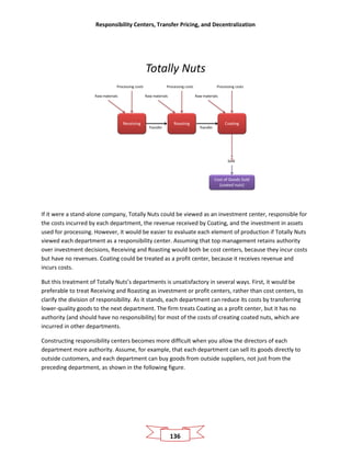 Responsibility Centers, Transfer Pricing, and Decentralization
136
Totally Nuts
Transfer
Receiving
Raw materials
Processing costs
Roasting
Raw materials
Processing costs
Coating
Raw materials
Processing costs
Sold
Cost of Goods Sold
(coated nuts)
Transfer
If it were a stand-alone company, Totally Nuts could be viewed as an investment center, responsible for
the costs incurred by each department, the revenue received by Coating, and the investment in assets
used for processing. However, it would be easier to evaluate each element of production if Totally Nuts
viewed each department as a responsibility center. Assuming that top management retains authority
over investment decisions, Receiving and Roasting would both be cost centers, because they incur costs
but have no revenues. Coating could be treated as a profit center, because it receives revenue and
incurs costs.
But this treatment of Totally Nuts’s departments is unsatisfactory in several ways. First, it would be
preferable to treat Receiving and Roasting as investment or profit centers, rather than cost centers, to
clarify the division of responsibility. As it stands, each department can reduce its costs by transferring
lower-quality goods to the next department. The firm treats Coating as a profit center, but it has no
authority (and should have no responsibility) for most of the costs of creating coated nuts, which are
incurred in other departments.
Constructing responsibility centers becomes more difficult when you allow the directors of each
department more authority. Assume, for example, that each department can sell its goods directly to
outside customers, and each department can buy goods from outside suppliers, not just from the
preceding department, as shown in the following figure.
 