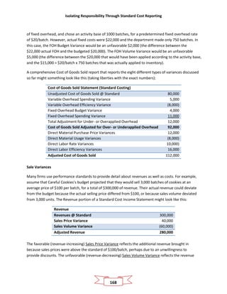 Isolating Responsibility Through Standard Cost Reporting
168
of fixed overhead, and chose an activity base of 1000 batches, for a predetermined fixed overhead rate
of $20/batch. However, actual fixed costs were $22,000 and the department made only 750 batches. In
this case, the FOH Budget Variance would be an unfavorable $2,000 (the difference between the
$22,000 actual FOH and the budgeted $20,000). The FOH Volume Variance would be an unfavorable
$5,000 (the difference between the $20,000 that would have been applied according to the activity base,
and the $15,000 = $20/batch x 750 batches that was actually applied to inventory).
A comprehensive Cost of Goods Sold report that reports the eight different types of variances discussed
so far might something look like this (taking liberties with the exact numbers):
Cost of Goods Sold Statement (Standard Costing)
Unadjusted Cost of Goods Sold @ Standard 80,000
Variable Overhead Spending Variance 5,000
Variable Overhead Efficiency Variance (8,000)
Fixed Overhead Budget Variance 4,000
Fixed Overhead Spending Variance 11,000
Total Adjustment for Under- or Overapplied Overhead 12,000
Cost of Goods Sold Adjusted for Over- or Underapplied Overhead 92,000
Direct Material Purchase Price Variances 12,000
Direct Material Usage Variances (8,000)
Direct Labor Rate Variances 10,000)
Direct Labor Efficiency Variances 16,000
Adjusted Cost of Goods Sold 112,000
Sale Variances
Many firms use performance standards to provide detail about revenues as well as costs. For example,
assume that Careful Cookies’s budget projected that they would sell 3,000 batches of cookies at an
average price of $100 per batch, for a total of $300,000 of revenue. Their actual revenue could deviate
from the budget because the actual selling price differed from $100, or because sales volume deviated
from 3,000 units. The Revenue portion of a Standard Cost Income Statement might look like this:
Revenue
Revenues @ Standard 300,000
Sales Price Variance 40,000
Sales Volume Variance (60,000)
Adjusted Revenue 280,000
The favorable (revenue-increasing) Sales Price Variance reflects the additional revenue brought in
because sales prices were above the standard of $100/batch, perhaps due to an unwillingness to
provide discounts. The unfavorable (revenue-decreasing) Sales Volume Variance reflects the revenue
 