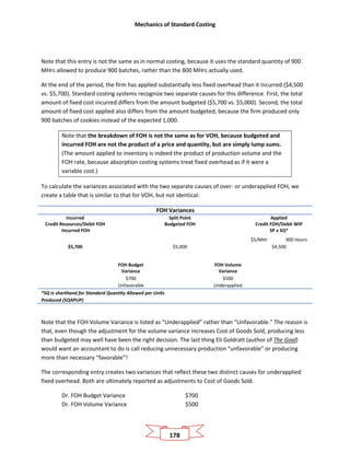 Mechanics of Standard Costing
178
Note that this entry is not the same as in normal costing, because it uses the standard quantity of 900
MHrs allowed to produce 900 batches, rather than the 800 MHrs actually used.
At the end of the period, the firm has applied substantially less fixed overhead than it incurred ($4,500
vs. $5,700). Standard costing systems recognize two separate causes for this difference. First, the total
amount of fixed cost incurred differs from the amount budgeted ($5,700 vs. $5,000). Second, the total
amount of fixed cost applied also differs from the amount budgeted, because the firm produced only
900 batches of cookies instead of the expected 1,000.
Note that the breakdown of FOH is not the same as for VOH, because budgeted and
incurred FOH are not the product of a price and quantity, but are simply lump sums.
(The amount applied to inventory is indeed the product of production volume and the
FOH rate, because absorption costing systems treat fixed overhead as if it were a
variable cost.)
To calculate the variances associated with the two separate causes of over- or underapplied FOH, we
create a table that is similar to that for VOH, but not identical:
FOH Variances
Incurred
Credit Resources/Debit FOH
Incurred FOH
Split Point
Budgeted FOH
Applied
Credit FOH/Debit WIP
SP x SQ*
$5/MHr 900 Hours
$5,700 $5,000 $4,500
FOH Budget
Variance
FOH Volume
Variance
$700 $500
Unfavorable Underapplied
*SQ is shorthand for Standard Quantity Allowed per Units
Produced (SQAPUP)
Note that the FOH Volume Variance is listed as “Underapplied” rather than “Unfavorable.” The reason is
that, even though the adjustment for the volume variance increases Cost of Goods Sold, producing less
than budgeted may well have been the right decision. The last thing Eli Goldratt (author of The Goal)
would want an accountant to do is call reducing unnecessary production “unfavorable” or producing
more than necessary “favorable”!
The corresponding entry creates two variances that reflect these two distinct causes for underapplied
fixed overhead. Both are ultimately reported as adjustments to Cost of Goods Sold.
Dr. FOH Budget Variance $700
Dr. FOH Volume Variance $500
 