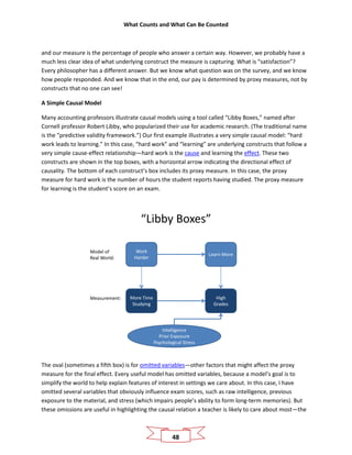 What Counts and What Can Be Counted
48
and our measure is the percentage of people who answer a certain way. However, we probably have a
much less clear idea of what underlying construct the measure is capturing. What is “satisfaction”?
Every philosopher has a different answer. But we know what question was on the survey, and we know
how people responded. And we know that in the end, our pay is determined by proxy measures, not by
constructs that no one can see!
A Simple Causal Model
Many accounting professors illustrate causal models using a tool called “Libby Boxes,” named after
Cornell professor Robert Libby, who popularized their use for academic research. (The traditional name
is the “predictive validity framework.”) Our first example illustrates a very simple causal model: “hard
work leads to learning.” In this case, “hard work” and “learning” are underlying constructs that follow a
very simple cause-effect relationship—hard work is the cause and learning the effect. These two
constructs are shown in the top boxes, with a horizontal arrow indicating the directional effect of
causality. The bottom of each construct’s box includes its proxy measure. In this case, the proxy
measure for hard work is the number of hours the student reports having studied. The proxy measure
for learning is the student’s score on an exam.
“Libby Boxes”
Work
Harder
Learn More
More Time
Studying
High
Grades
Intelligence
Prior Exposure
Psychological Stress
Model of
Real World:
Measurement:
The oval (sometimes a fifth box) is for omitted variables—other factors that might affect the proxy
measure for the final effect. Every useful model has omitted variables, because a model’s goal is to
simplify the world to help explain features of interest in settings we care about. In this case, I have
omitted several variables that obviously influence exam scores, such as raw intelligence, previous
exposure to the material, and stress (which impairs people’s ability to form long-term memories). But
these omissions are useful in highlighting the causal relation a teacher is likely to care about most—the
 