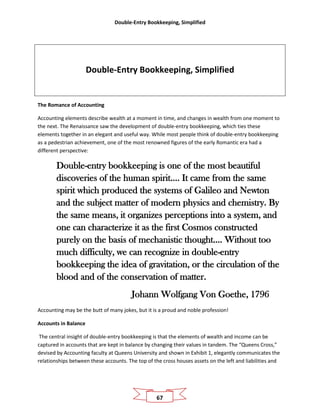 Double-Entry Bookkeeping, Simplified
67
Double-Entry Bookkeeping, Simplified
The Romance of Accounting
Accounting elements describe wealth at a moment in time, and changes in wealth from one moment to
the next. The Renaissance saw the development of double-entry bookkeeping, which ties these
elements together in an elegant and useful way. While most people think of double-entry bookkeeping
as a pedestrian achievement, one of the most renowned figures of the early Romantic era had a
different perspective:
Double-entry bookkeeping is one of the most beautiful
discoveries of the human spirit…. It came from the same
spirit which produced the systems of Galileo and Newton
and the subject matter of modern physics and chemistry. By
the same means, it organizes perceptions into a system, and
one can characterize it as the first Cosmos constructed
purely on the basis of mechanistic thought…. Without too
much difficulty, we can recognize in double-entry
bookkeeping the idea of gravitation, or the circulation of the
blood and of the conservation of matter.
Johann Wolfgang Von Goethe, 1796
Accounting may be the butt of many jokes, but it is a proud and noble profession!
Accounts in Balance
The central insight of double-entry bookkeeping is that the elements of wealth and income can be
captured in accounts that are kept in balance by changing their values in tandem. The “Queens Cross,”
devised by Accounting faculty at Queens University and shown in Exhibit 1, elegantly communicates the
relationships between these accounts. The top of the cross houses assets on the left and liabilities and
 