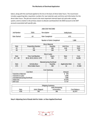 The Mechanics of Overhead Application
83
labor), along with the overhead applied to the lot on the basis of direct labor hours. The record even
includes supporting data: requisition numbers for raw materials used, and time card information for the
direct labor hours. The job-cost record is the most important internal report of a job-order costing
system, and its creation is the primary reason to allocate overhead from the MOH account to the WIP
accounts associated with specific jobs.
JOB-COST RECORD
Job Number TB78 Description teddy bears
Date Started 4/1 Date Completed 4/15
Number of Units Completed 1,000
Direct Material
Date Requisition Number Quantity Unit Price Cost
4/1 101 400 $.80 $320
4/5 108 500 .30 150
Direct Labor
Date Time Card Number Hours Rate Cost
4/1 – 4/8 BC22, BC23, BC24, CZ19 500 $12 $6,000
Manufacturing Overhead
Date Activity Base Quantity Application Rate Cost
4/15 Direct-labor hours 500 $2 $1,000
Cost Summary
Cost Item Amount
Total Direct Material
Total Direct Labor
Total Manufacturing Overhead
$ 470
6,000
1,000
Total Cost $7,470
Unit Cost $ 7.47
Shipping Summary
Date Units Shipped
Units Remaining
In Inventory Cost Balance
4/30 700 300 $2,241*
Step 4: Adjusting Cost of Goods Sold for Under- or Over-Applied Overhead
 