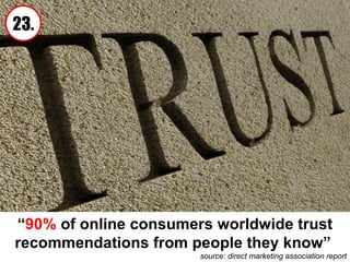 “ 90%  of online consumers worldwide trust recommendations from people they know”  source: direct marketing association report 23. 