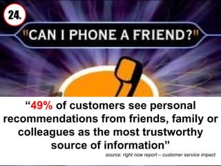 “ 49%  of customers see personal recommendations from friends, family or colleagues as the most trustworthy source of information” source: right now report – customer service impact 24. 