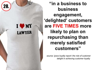 “ in a business to business engagement, ‘delighted’ customers are  FIVE TIMES  more likely to plan on repurchasing than merely satisfied customers” source: ipsos loyalty report: the role of customer delight in achieving customer loyalty   28. 
