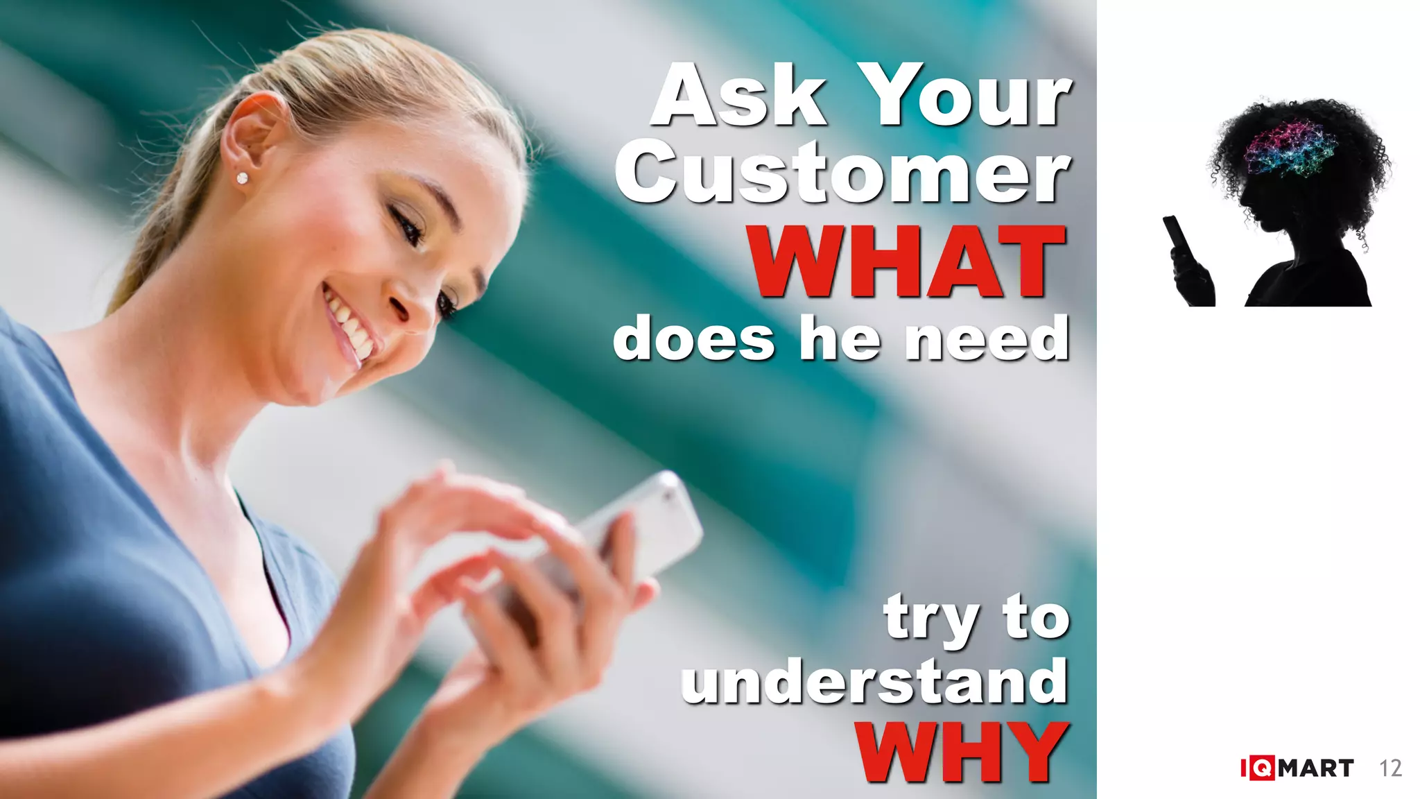 does he need
WHAT
Customer
Ask Your
try to
WHY
understand
12
 