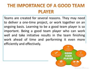 Teams are created for several reasons. They may need
to deliver a one-time project, or work together on an
ongoing basis. Learning to be a good team player is so
important. Being a good team player who can work
well and take initiative results in the team finishing
work ahead of time and performing it even more
efficiently and effectively.
 