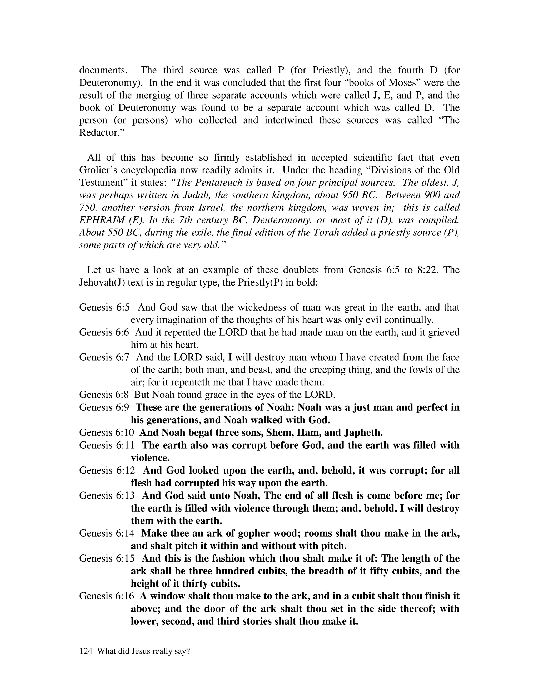 documents. The third source was called P (for Priestly), and the fourth D (for
Deuteronomy). In the end it was concluded that the first four “books of Moses” were the
result of the merging of three separate accounts which were called J, E, and P, and the
book of Deuteronomy was found to be a separate account which was called D. The
person (or persons) who collected and intertwined these sources was called “The
Redactor.”

  All of this has become so firmly established in accepted scientific fact that even
Grolier’s encyclopedia now readily admits it. Under the heading “Divisions of the Old
Testament” it states: “The Pentateuch is based on four principal sources. The oldest, J,
was perhaps written in Judah, the southern kingdom, about 950 BC. Between 900 and
750, another version from Israel, the northern kingdom, was woven in; this is called
EPHRAIM (E). In the 7th century BC, Deuteronomy, or most of it (D), was compiled.
About 550 BC, during the exile, the final edition of the Torah added a priestly source (P),
some parts of which are very old.”

  Let us have a look at an example of these doublets from Genesis 6:5 to 8:22. The
Jehovah(J) text is in regular type, the Priestly(P) in bold:

Genesis 6:5 And God saw that the wickedness of man was great in the earth, and that
           every imagination of the thoughts of his heart was only evil continually.
Genesis 6:6 And it repented the LORD that he had made man on the earth, and it grieved
           him at his heart.
Genesis 6:7 And the LORD said, I will destroy man whom I have created from the face
           of the earth; both man, and beast, and the creeping thing, and the fowls of the
           air; for it repenteth me that I have made them.
Genesis 6:8 But Noah found grace in the eyes of the LORD.
Genesis 6:9 These are the generations of Noah: Noah was a just man and perfect in
           his generations, and Noah walked with God.
Genesis 6:10 And Noah begat three sons, Shem, Ham, and Japheth.
Genesis 6:11 The earth also was corrupt before God, and the earth was filled with
           violence.
Genesis 6:12 And God looked upon the earth, and, behold, it was corrupt; for all
           flesh had corrupted his way upon the earth.
Genesis 6:13 And God said unto Noah, The end of all flesh is come before me; for
           the earth is filled with violence through them; and, behold, I will destroy
           them with the earth.
Genesis 6:14 Make thee an ark of gopher wood; rooms shalt thou make in the ark,
           and shalt pitch it within and without with pitch.
Genesis 6:15 And this is the fashion which thou shalt make it of: The length of the
           ark shall be three hundred cubits, the breadth of it fifty cubits, and the
           height of it thirty cubits.
Genesis 6:16 A window shalt thou make to the ark, and in a cubit shalt thou finish it
           above; and the door of the ark shalt thou set in the side thereof; with
           lower, second, and third stories shalt thou make it.

124 What did Jesus really say?
 