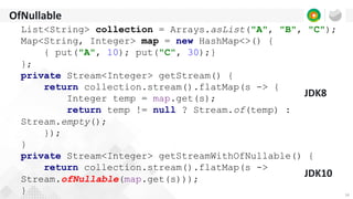 14
OfNullable
List<String> collection = Arrays.asList("A", "B", "C");
Map<String, Integer> map = new HashMap<>() {
{ put("A", 10); put("C", 30);}
};
private Stream<Integer> getStream() {
return collection.stream().flatMap(s -> {
Integer temp = map.get(s);
return temp != null ? Stream.of(temp) :
Stream.empty();
});
}
private Stream<Integer> getStreamWithOfNullable() {
return collection.stream().flatMap(s ->
Stream.ofNullable(map.get(s)));
}
JDK8
JDK10
 