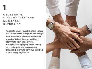 1
C E L E B R A T E
D I F F E R E N C E S A N D
E M B R A C E
D I V E R S I T Y
To create a well-rounded office culture
it is important to recognize and accept
that everyone is different. Each team
member brings their own ethics
stemming from their diverse
backgrounds. Applying these to help
strengthen the company allows
leadership teams to continue building
a solid company culture.
 