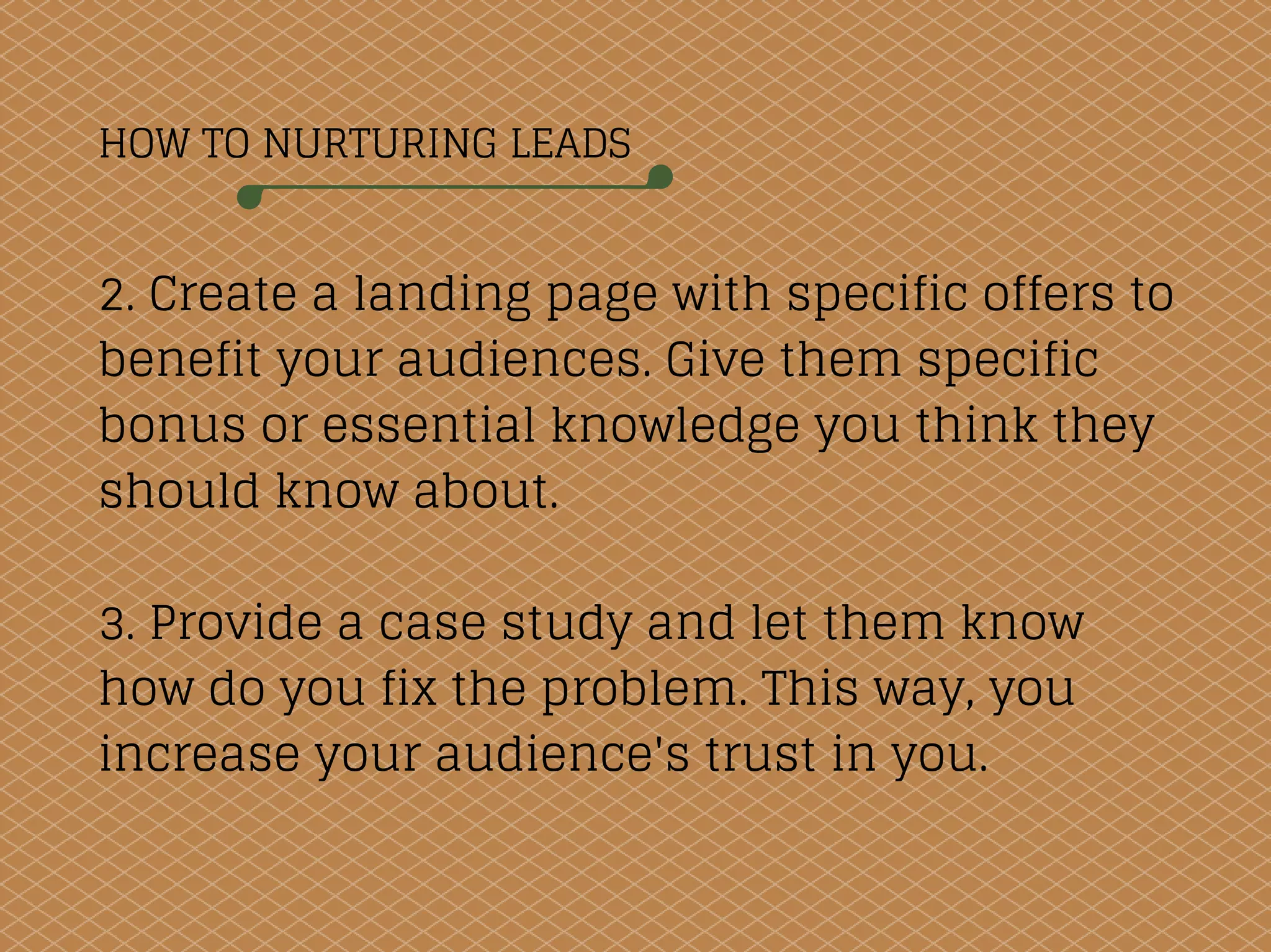 HOW TO NURTURING LEADS
2. Create a landing page with specific offers to
benefit your audiences. Give them specific
bonus or essential knowledge you think they
should know about.
3. Provide a case study and let them know
how do you fix the problem. This way, you
increase your audience's trust in you.
 