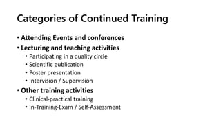 Categories of Continued Training
• Attending Events and conferences
• Lecturing and teaching activities
• Participating in a quality circle
• Scientific publication
• Poster presentation
• Intervision / Supervision
• Other training activities
• Clinical-practical training
• In-Training-Exam / Self-Assessment
 