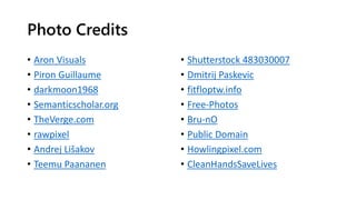 Photo Credits
• Aron Visuals
• Piron Guillaume
• darkmoon1968
• Semanticscholar.org
• TheVerge.com
• rawpixel
• Andrej Lišakov
• Teemu Paananen
• Shutterstock 483030007
• Dmitrij Paskevic
• fitfloptw.info
• Free-Photos
• Bru-nO
• Public Domain
• Howlingpixel.com
• CleanHandsSaveLives
 