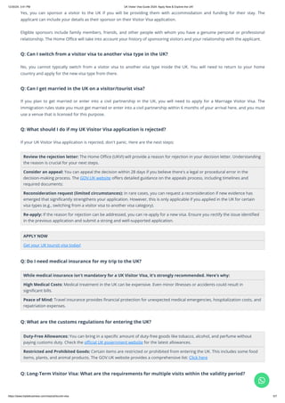 Yes, you can sponsor a visitor to the UK if you will be providing them with accommodation and funding for their stay. The
applicant can include your details as their sponsor on their Visitor Visa application.
Eligible sponsors include family members, friends, and other people with whom you have a genuine personal or professional
relationship. The Home Office will take into account your history of sponsoring visitors and your relationship with the applicant.
Q: Can I switch from a visitor visa to another visa type in the UK?
No, you cannot typically switch from a visitor visa to another visa type inside the UK. You will need to return to your home
country and apply for the new visa type from there.
Q: Can I get married in the UK on a visitor/tourist visa?
If you plan to get married or enter into a civil partnership in the UK, you will need to apply for a Marriage Visitor Visa. The
immigration rules state you must get married or enter into a civil partnership within 6 months of your arrival here, and you must
use a venue that is licensed for this purpose.
Q: What should I do if my UK Visitor Visa application is rejected?
If your UK Visitor Visa application is rejected, don't panic. Here are the next steps:
Review the rejection letter: The Home Office (UKVI) will provide a reason for rejection in your decision letter. Understanding
the reason is crucial for your next steps.
Consider an appeal: You can appeal the decision within 28 days if you believe there's a legal or procedural error in the
decision-making process. The GOV.UK website offers detailed guidance on the appeals process, including timelines and
required documents:
Reconsideration request (limited circumstances): In rare cases, you can request a reconsideration if new evidence has
emerged that significantly strengthens your application. However, this is only applicable if you applied in the UK for certain
visa types (e.g., switching from a visitor visa to another visa category).
Re-apply: If the reason for rejection can be addressed, you can re-apply for a new visa. Ensure you rectify the issue identified
in the previous application and submit a strong and well-supported application.
APPLY NOW
Get your UK toursit visa today!
Q: Do I need medical insurance for my trip to the UK?
While medical insurance isn't mandatory for a UK Visitor Visa, it's strongly recommended. Here's why:
High Medical Costs: Medical treatment in the UK can be expensive. Even minor illnesses or accidents could result in
significant bills.
Peace of Mind: Travel insurance provides financial protection for unexpected medical emergencies, hospitalization costs, and
repatriation expenses.
Q: What are the customs regulations for entering the UK?
Duty-Free Allowances: You can bring in a specific amount of duty-free goods like tobacco, alcohol, and perfume without
paying customs duty. Check the official UK government website for the latest allowances.
Restricted and Prohibited Goods: Certain items are restricted or prohibited from entering the UK. This includes some food
items, plants, and animal products. The GOV.UK website provides a comprehensive list: Click here
Q: Long-Term Visitor Visa: What are the requirements for multiple visits within the validity period?

12/30/24, 3:41 PM UK Visitor Visa Guide 2024: Apply Now & Explore the UK!
https://www.tripleibusiness.com/visa/uk/tourist-visa 5/7
 