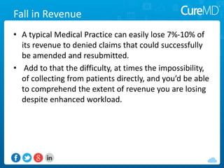 Fall in Revenue
• A typical Medical Practice can easily lose 7%-10% of
its revenue to denied claims that could successfully
be amended and resubmitted.
• Add to that the difficulty, at times the impossibility,
of collecting from patients directly, and you’d be able
to comprehend the extent of revenue you are losing
despite enhanced workload.
 